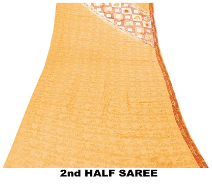 Sanskriti Vintage Sarees Yellow Pure Crepe Silk Printed Sari Floral Craft Sustainable Fabric