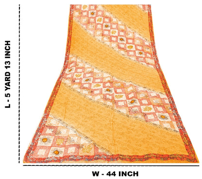 Sanskriti Vintage Sarees Yellow Pure Crepe Silk Printed Sari Floral Craft Sustainable Fabric