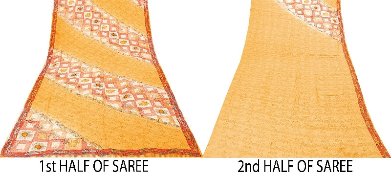 Sanskriti Vintage Sarees Yellow Pure Crepe Silk Printed Sari Floral Craft Sustainable Fabric
