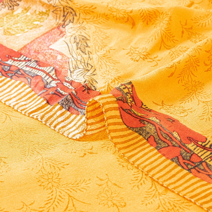 Sanskriti Vintage Sarees Yellow Pure Crepe Silk Printed Sari Floral Craft Sustainable Fabric