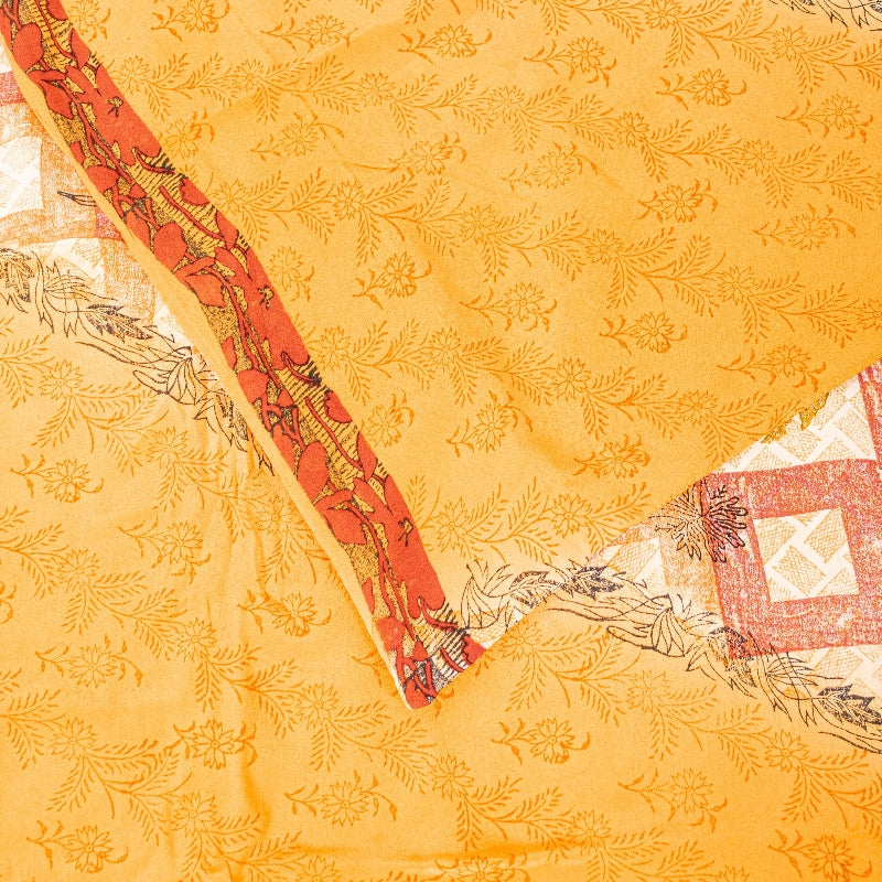 Sanskriti Vintage Sarees Yellow Pure Crepe Silk Printed Sari Floral Craft Sustainable Fabric