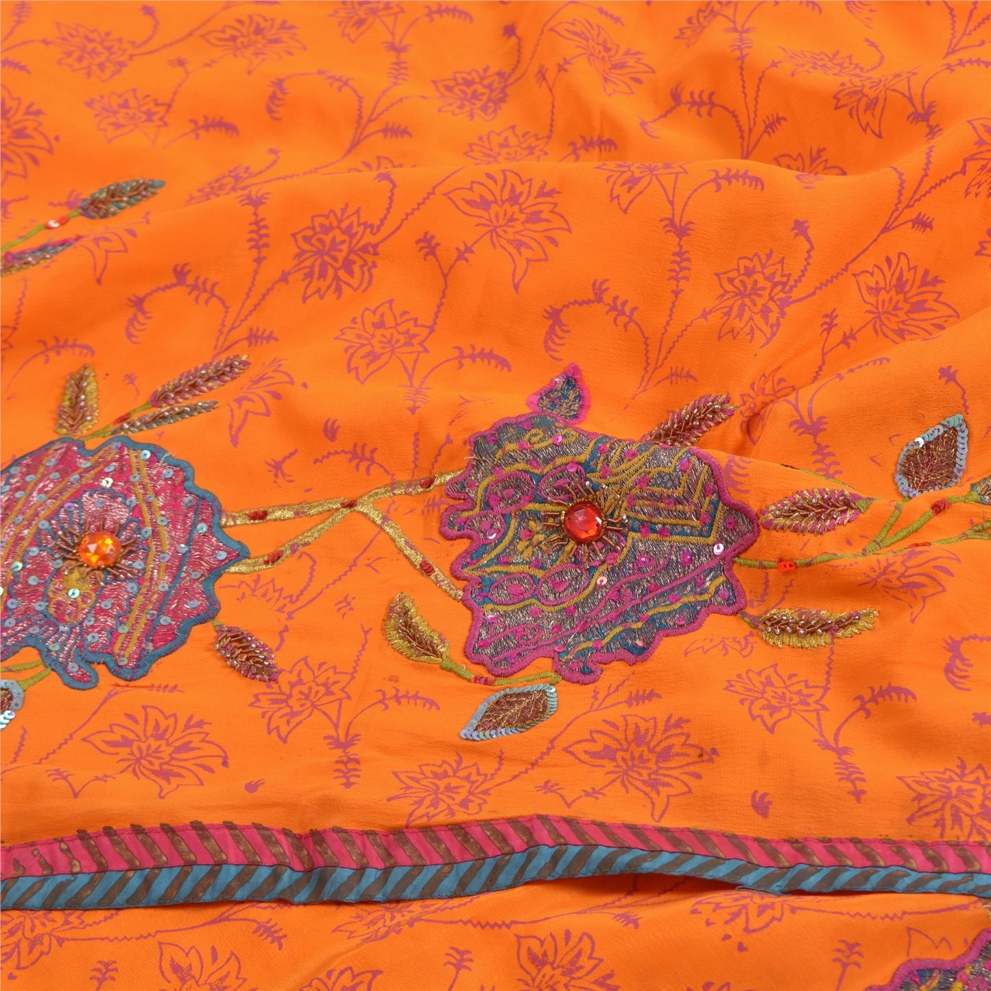 Sanskriti Vintage Sarees Orange Hand Bead & Print Pure Crepe 5+YD Crafters Sari