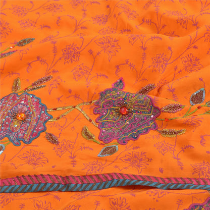 Sanskriti Vintage Sarees Orange Hand Bead & Print Pure Crepe 5+YD Crafters Sari