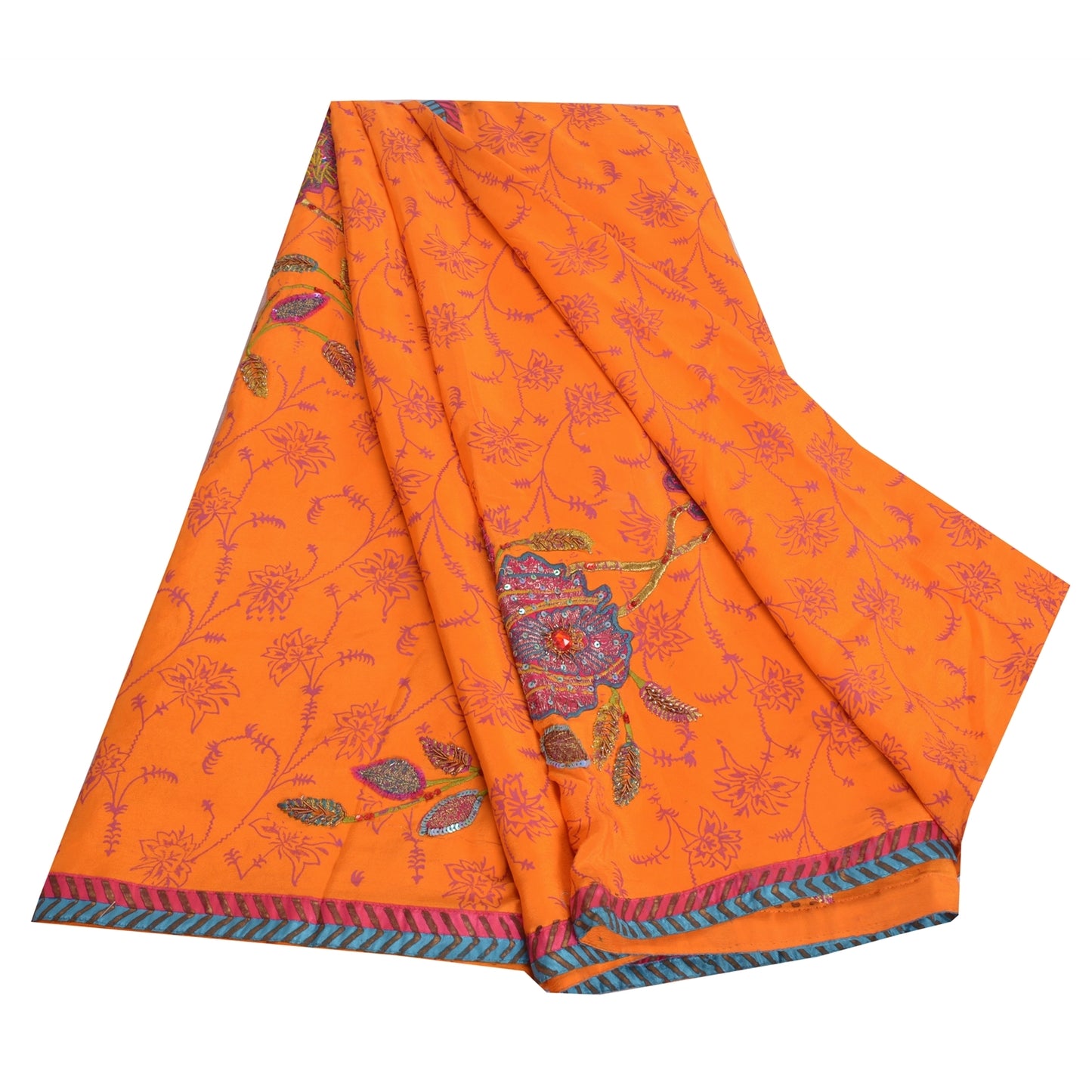 Sanskriti Vintage Sarees Orange Hand Bead & Print Pure Crepe 5+YD Crafters Sari