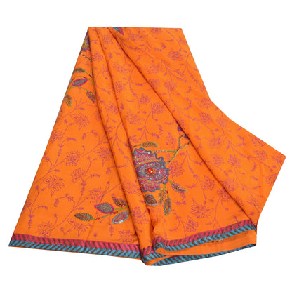 Sanskriti Vintage Sarees Orange Hand Bead & Print Pure Crepe 5+YD Crafters Sari