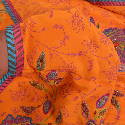 Sanskriti Vintage Sarees Orange Hand Bead & Print Pure Crepe 5+YD Crafters Sari