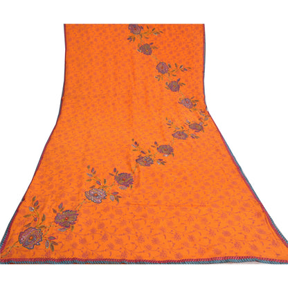 Sanskriti Vintage Sarees Orange Hand Bead & Print Pure Crepe 5+YD Crafters Sari