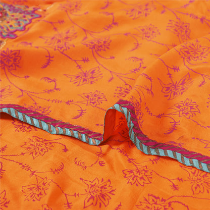 Sanskriti Vintage Sarees Orange Hand Bead & Print Pure Crepe 5+YD Crafters Sari