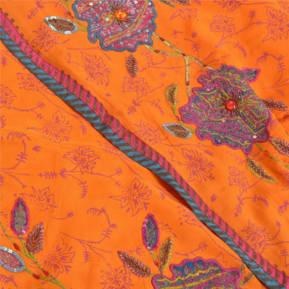 Sanskriti Vintage Sarees Orange Hand Bead & Print Pure Crepe 5+YD Crafters Sari