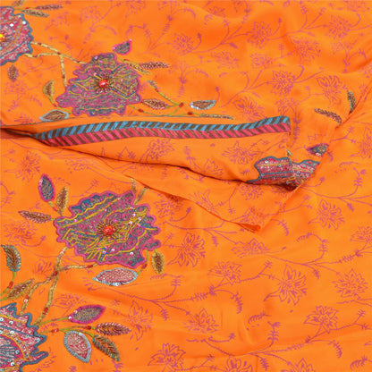 Sanskriti Vintage Sarees Orange Hand Bead & Print Pure Crepe 5+YD Crafters Sari
