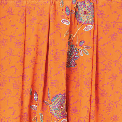 Sanskriti Vintage Sarees Orange Hand Bead & Print Pure Crepe 5+YD Crafters Sari