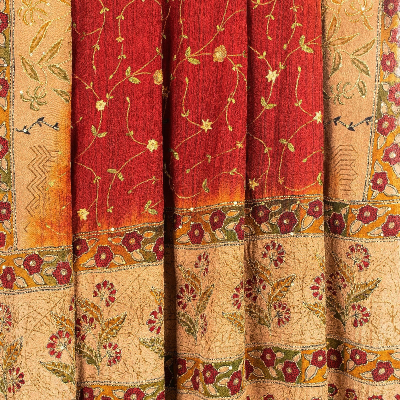 Sanskriti Vintage Sarees Brown Hand Beaded Kantha Pure Crepe Silk Sari Sustainable Fabric