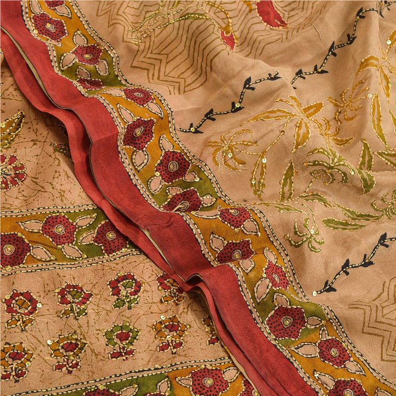 Санскритские винтажные сари коричневого цвета с бисером ручной работы из чистого крепированного шелка сари из экологически чистой ткани