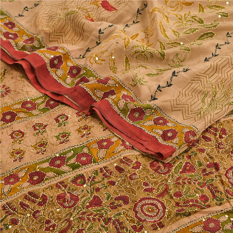 Санскритские винтажные сари коричневого цвета с бисером ручной работы из чистого крепированного шелка сари из экологически чистой ткани