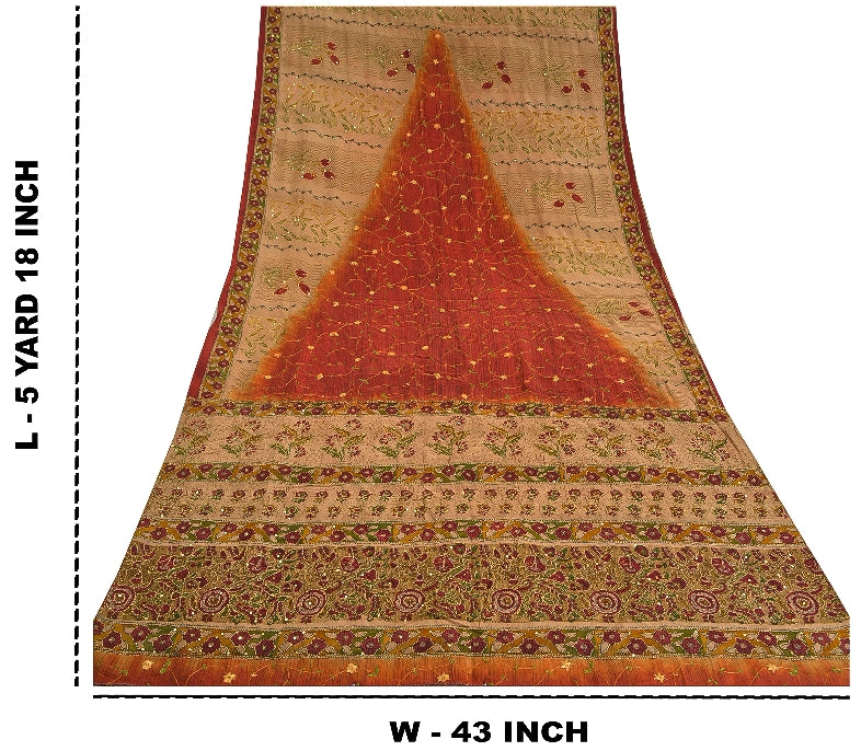 Санскритские винтажные сари коричневого цвета с бисером ручной работы из чистого крепированного шелка сари из экологически чистой ткани