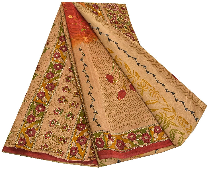 Санскритские винтажные сари коричневого цвета с бисером ручной работы из чистого крепированного шелка сари из экологически чистой ткани