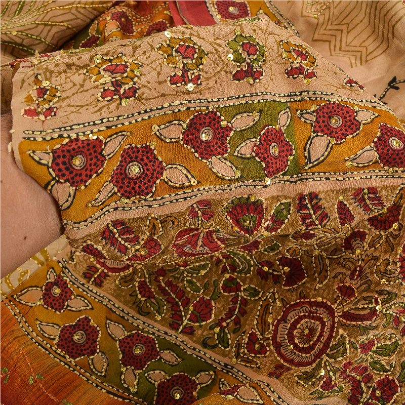 Санскритские винтажные сари коричневого цвета с бисером ручной работы из чистого крепированного шелка сари из экологически чистой ткани