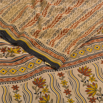 Sanskriti Vintage Sarees Pale Cream Pure Crepe Silk Printed Sari Craft Sustainable Fabric