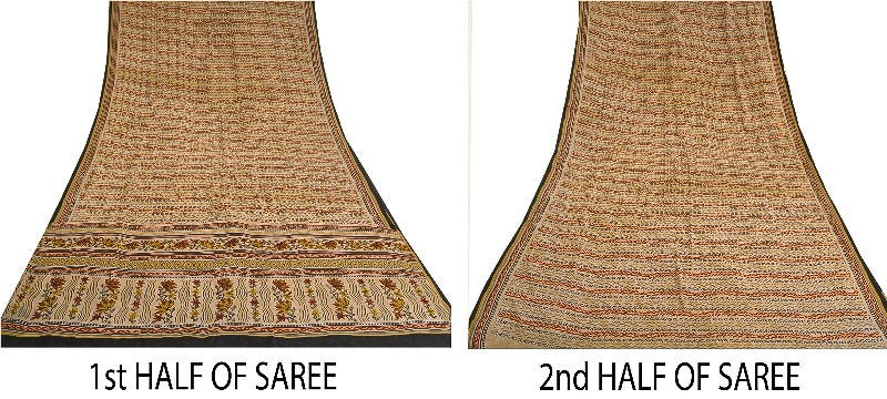 Sanskriti Vintage Sarees Pale Cream Pure Crepe Silk Printed Sari Craft Sustainable Fabric