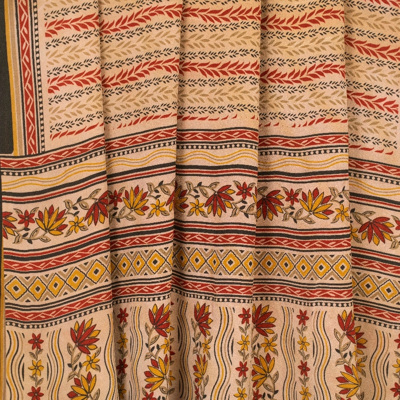 Sanskriti Vintage Sarees Pale Cream Pure Crepe Silk Printed Sari Craft Sustainable Fabric