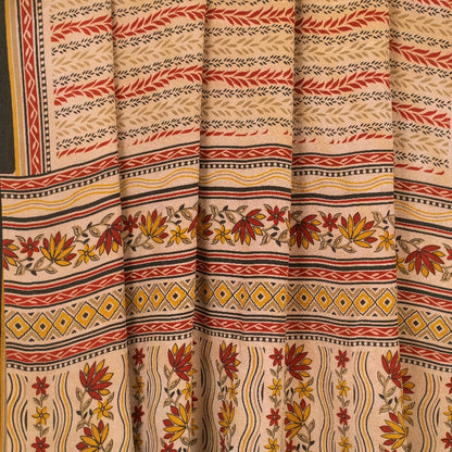 Sanskriti Vintage Sarees Pale Cream Pure Crepe Silk Printed Sari Craft Sustainable Fabric