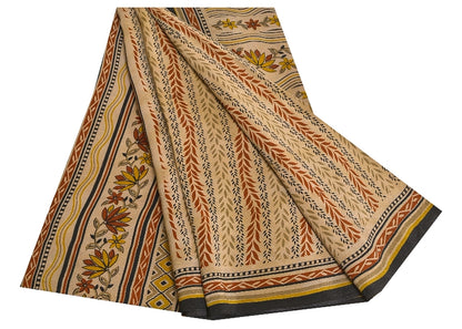 Sanskriti Vintage Sarees Pale Cream Pure Crepe Silk Printed Sari Craft Sustainable Fabric