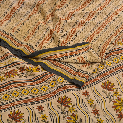 Sanskriti Vintage Sarees Pale Cream Pure Crepe Silk Printed Sari Craft Sustainable Fabric