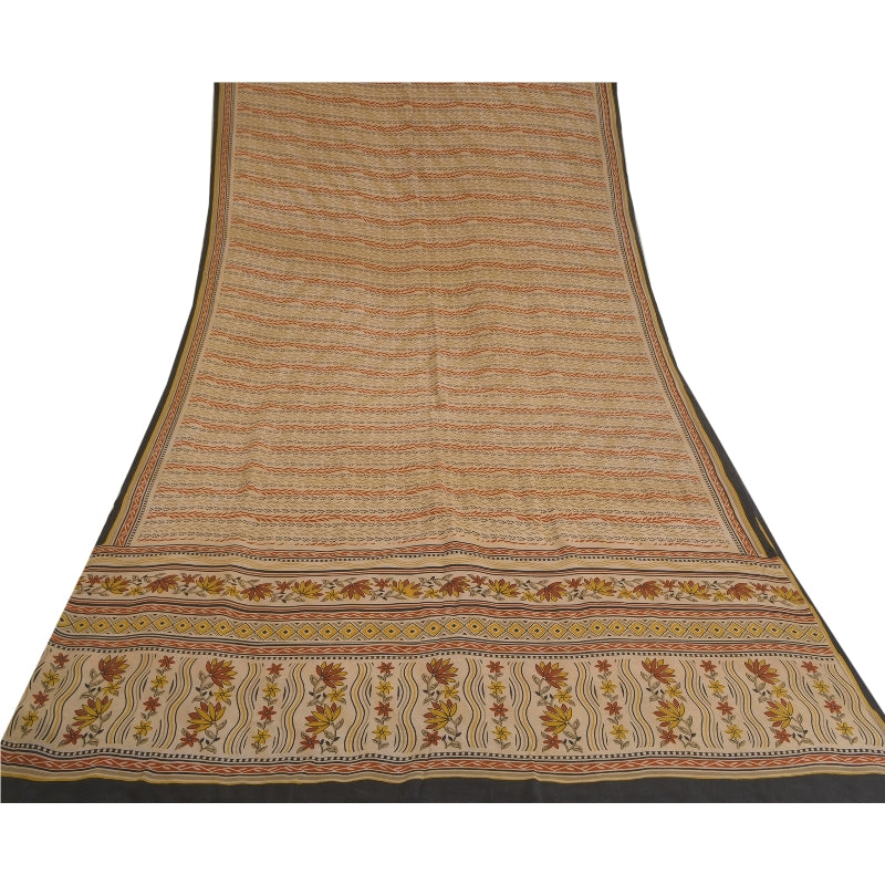Sanskriti Vintage Sarees Pale Cream Pure Crepe Silk Printed Sari Craft Sustainable Fabric