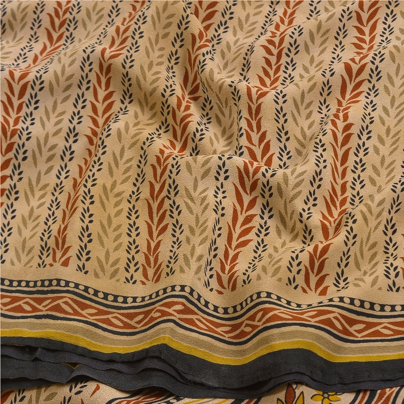 Sanskriti Vintage Sarees Pale Cream Pure Crepe Silk Printed Sari Craft Sustainable Fabric