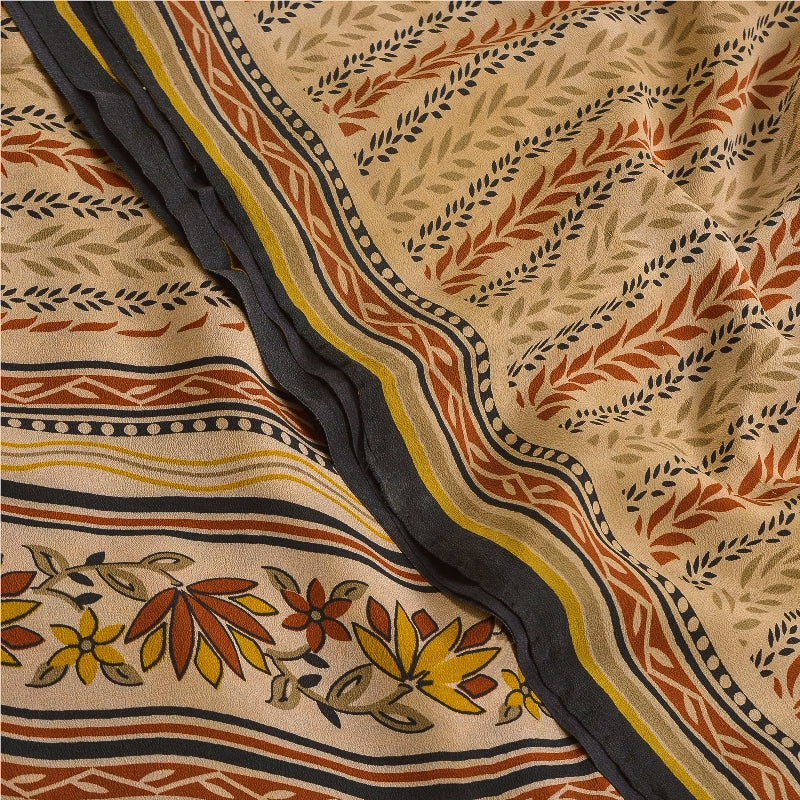 Sanskriti Vintage Sarees Pale Cream Pure Crepe Silk Printed Sari Craft Sustainable Fabric