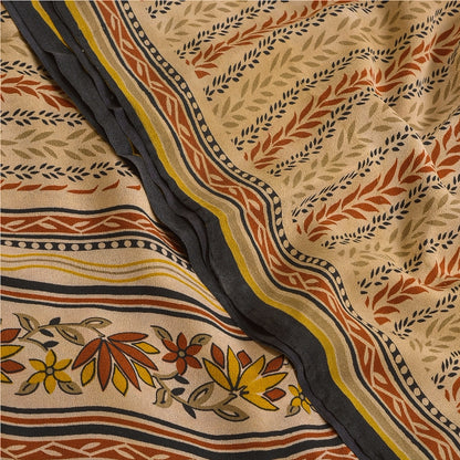 Sanskriti Vintage Sarees Pale Cream Pure Crepe Silk Printed Sari Craft Sustainable Fabric