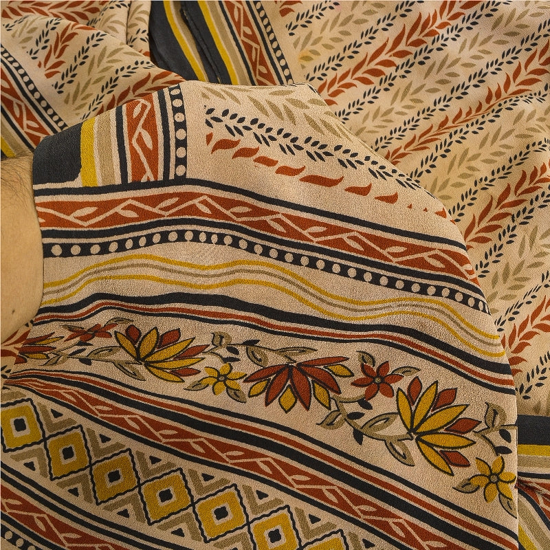Sanskriti Vintage Sarees Pale Cream Pure Crepe Silk Printed Sari Craft Sustainable Fabric