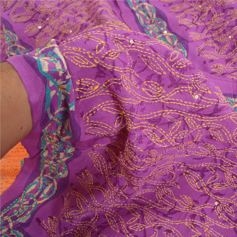 Sanskriti Vintage Sarees Purple Hand Beaded Kantha Pure Crepe Silk Sari Sustainable Fabric