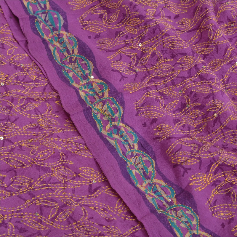 Sanskriti Vintage Sarees Purple Hand Beaded Kantha Pure Crepe Silk Sari Sustainable Fabric