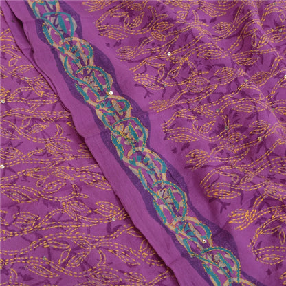 Sanskriti Vintage Sarees Purple Hand Beaded Kantha Pure Crepe Silk Sari Sustainable Fabric