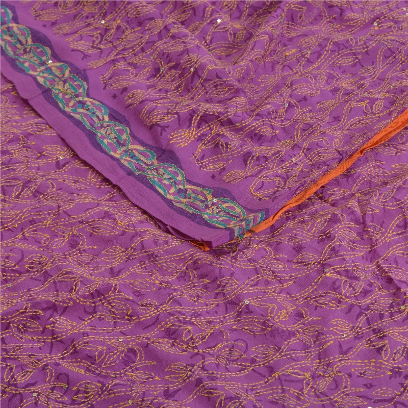 Sanskriti Vintage Sarees Purple Hand Beaded Kantha Pure Crepe Silk Sari Sustainable Fabric