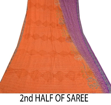 Sanskriti Vintage Sarees Purple Hand Beaded Kantha Pure Crepe Silk Sari Sustainable Fabric