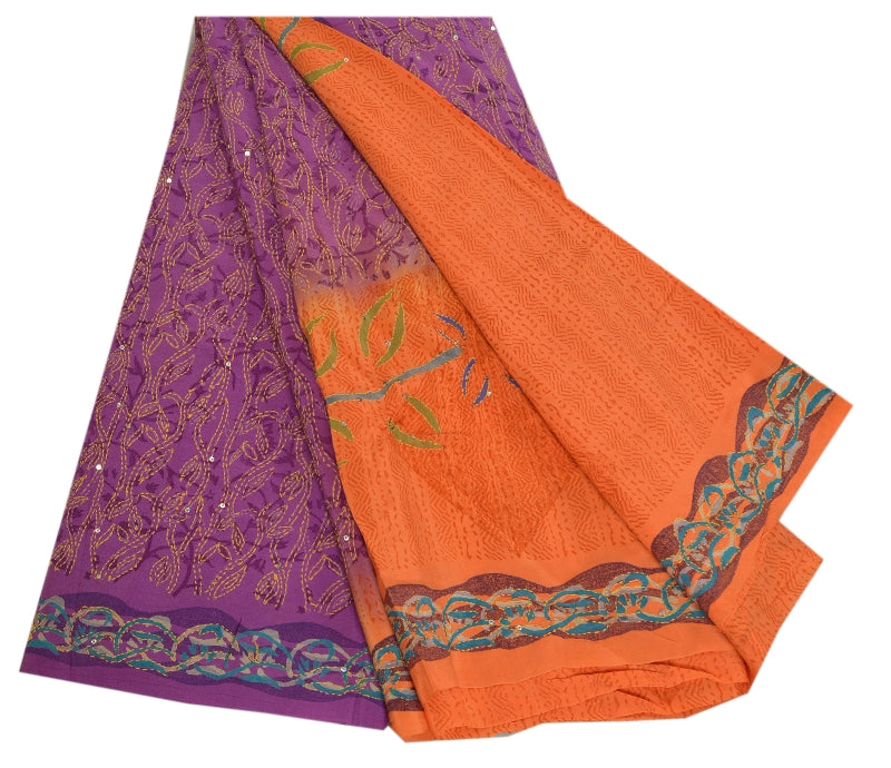 Sanskriti Vintage Sarees Purple Hand Beaded Kantha Pure Crepe Silk Sari Sustainable Fabric