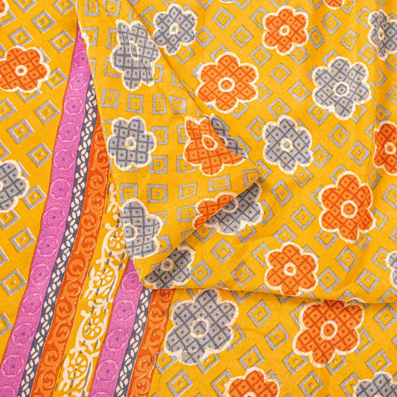 Санскритские винтажные сари из желтого индийского чистого крепированного шелка с принтом для сари из экологически чистой ткани