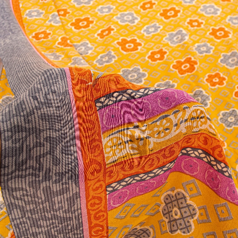 Санскритские винтажные сари из желтого индийского чистого крепированного шелка с принтом для сари из экологически чистой ткани