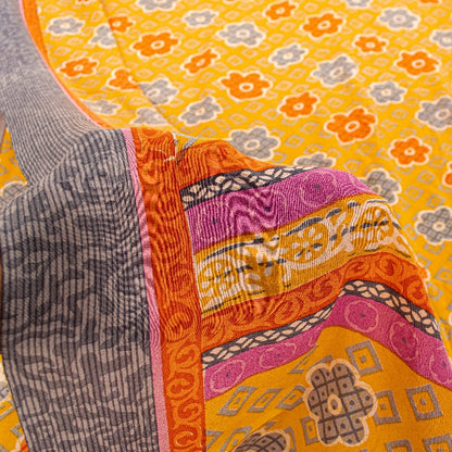 Санскритские винтажные сари из желтого индийского чистого крепированного шелка с принтом для сари из экологически чистой ткани