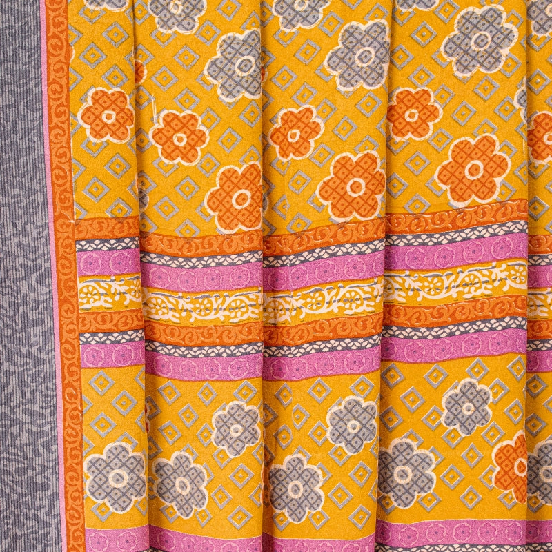 Санскритские винтажные сари из желтого индийского чистого крепированного шелка с принтом для сари из экологически чистой ткани