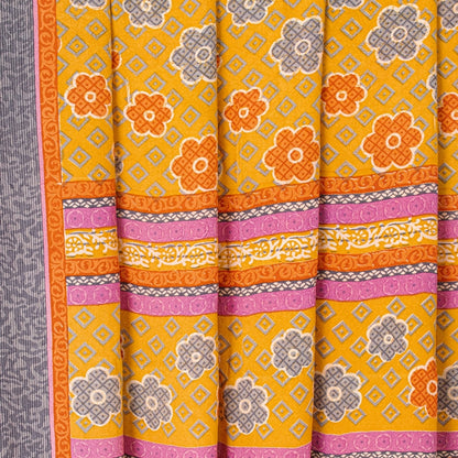 Санскритские винтажные сари из желтого индийского чистого крепированного шелка с принтом для сари из экологически чистой ткани