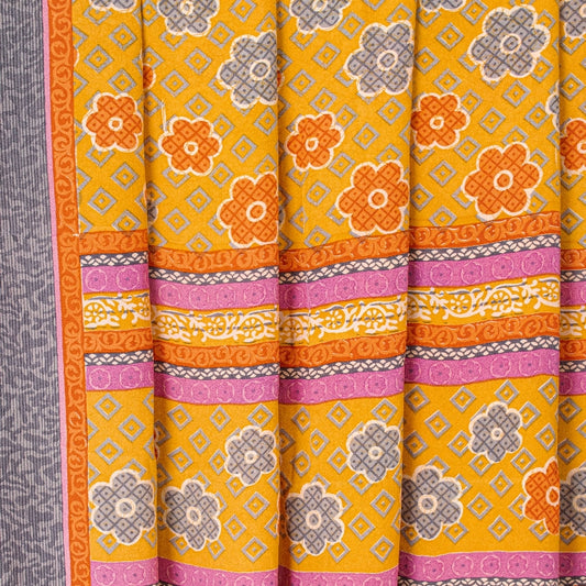 Sanskriti Vintage Sarees Yellow Indian Pure Crepe Silk Printed Sari Craft Sustainable Fabric