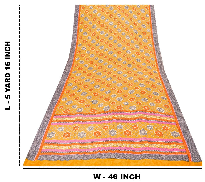 Санскритские винтажные сари из желтого индийского чистого крепированного шелка с принтом для сари из экологически чистой ткани