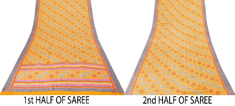 Санскритские винтажные сари из желтого индийского чистого крепированного шелка с принтом для сари из экологически чистой ткани