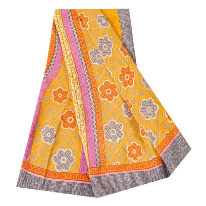 Санскритские винтажные сари из желтого индийского чистого крепированного шелка с принтом для сари из экологически чистой ткани