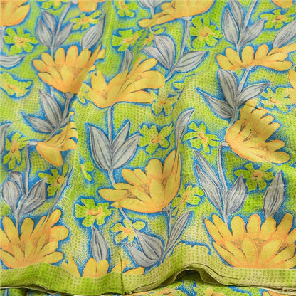 Sanskriti Vintage Sarees Green Indian Pure Crepe Silk Printed Sari Craft Sustainable Fabric