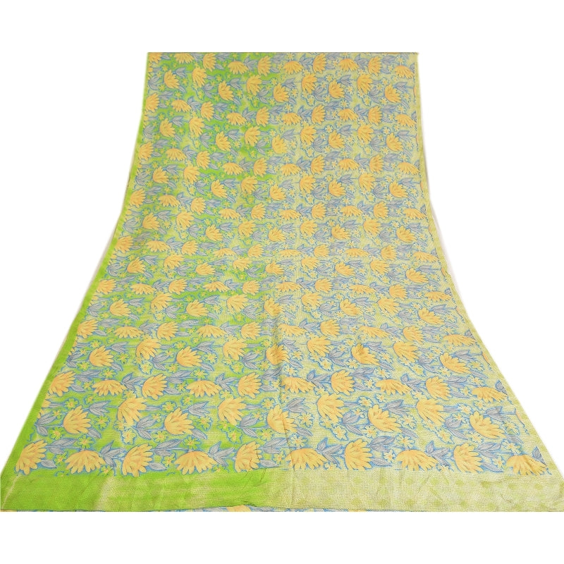 Sanskriti Vintage Sarees Green Indian Pure Crepe Silk Printed Sari Craft Sustainable Fabric