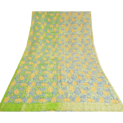 Sanskriti Vintage Sarees Green Indian Pure Crepe Silk Printed Sari Craft Sustainable Fabric